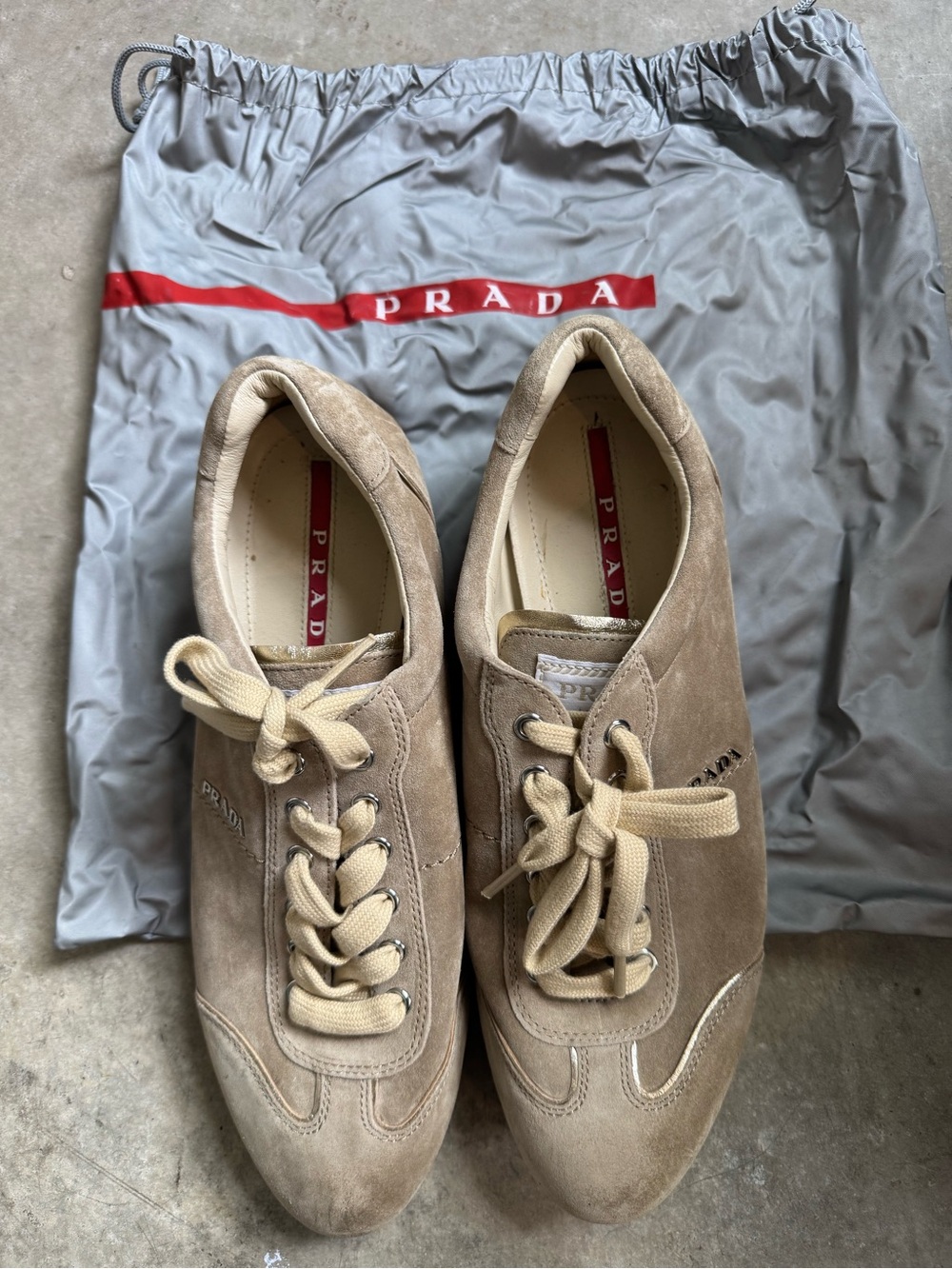 Prada Beige Suede Low-Top Sneakers with Cream Laces